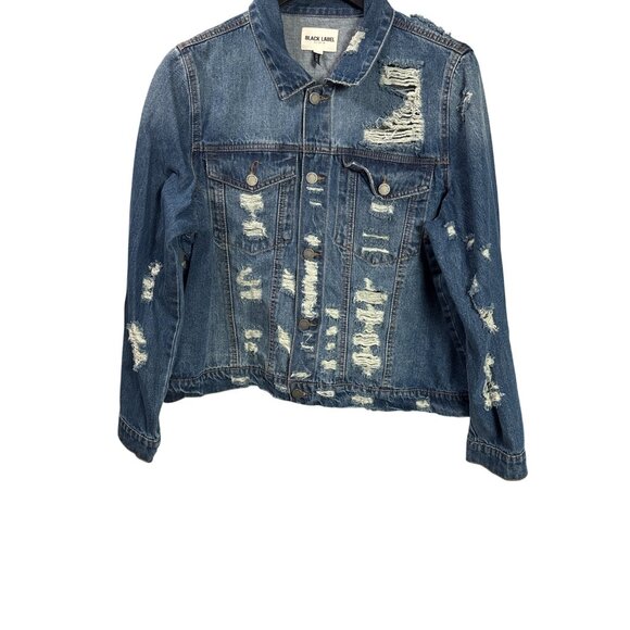 Black Label C'Est Toi Distressed Destroyed Denim Jacket 3XL Blue Button Front - Picture 3 of 6